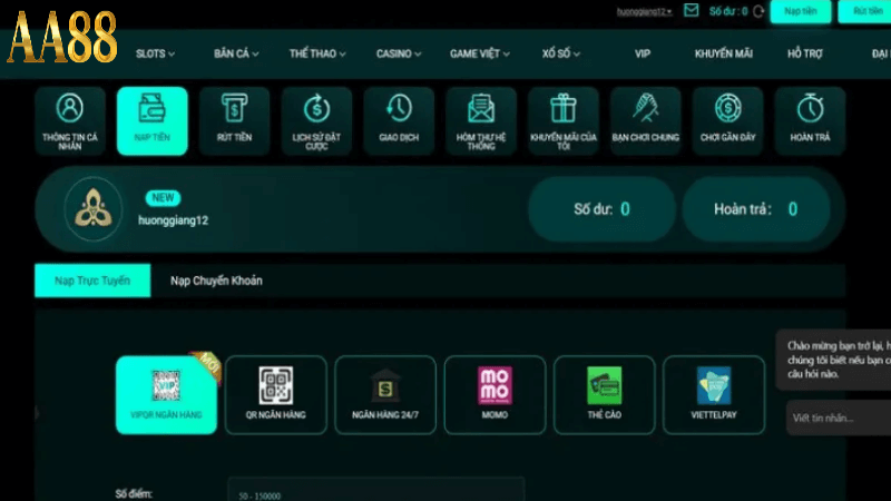 Cách nạp tiền tại aa88 casino